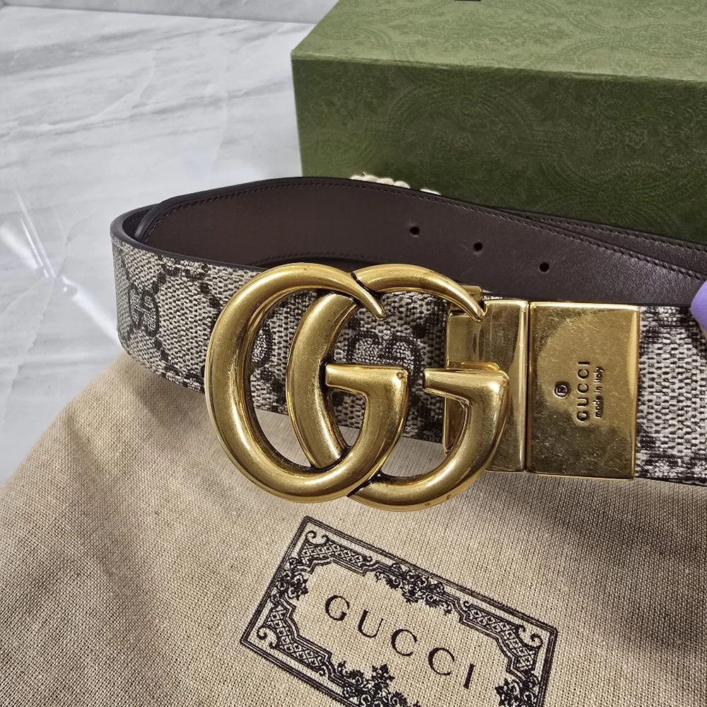 Gucci GG Supreme Brown Canvas Leather Belt - Reversible - Picture 2 of 9